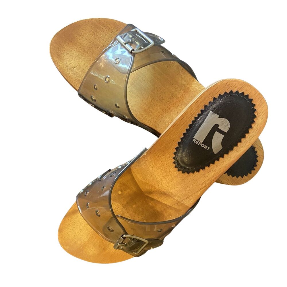 Vintage Report Legend Women’s Grey Wooden Sole Sandals Size 9